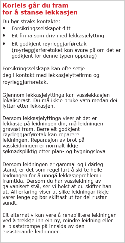 Korleis går du fram for å stansa lekkasjen: Du bør straks kontakta forsikringsselskapet ditt, eit firma som driv med lekkasjelytting og eit godkjend røyrleggjarføretak. Forsikringsselskapa kan ofte setja deg i kontakt med lekkasjelyttefirma og røyrleggjarføretak. Gjennom lekkasjelyttinga kan vasslekkasjen lokaliserast. Du må ikkje bruka vatn medan dei lyttar etter lekkasjen. Dersom lekkasjelyttinga viser at det er lekkasje på leidningen din, må leidningen gravast fram. Berre eit godkjent røyrleggjarføretak kan reparera leidningen. Reparasjonen av brot på vassleidningen er normalt ikkje søknadspliktig etter plan- og bygningslova. Dersom leidningen er gammal og i dårleg stand, er det som regel lurt å skifta heile leidningen for å unngå lekkasjeproblem i framtida. Dersom du har vassleidning av galvanisert stål, ser me helst at du skiftar han ut. All erfaring viser at slike leidningar ikkje varer lenge og bør skiftast ut før dei rustar sundt. Eit alternativ kan vera å rehabilitera leidningen ved å trekkja inn ein ny, mindre leidning eller ei plaststrømpe på innsida av den eksisterande leidningen.  - Klikk for stort bilete