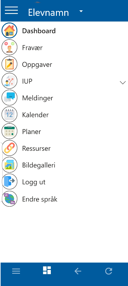 Oversikt over kva val eleven får opp i menyen: Dashbord, fråvær, oppgåver, IUP, meldingar, kalendar, planar, ressursar, bildegalleri, logg ut og endre språk. - Klikk for stort bilete